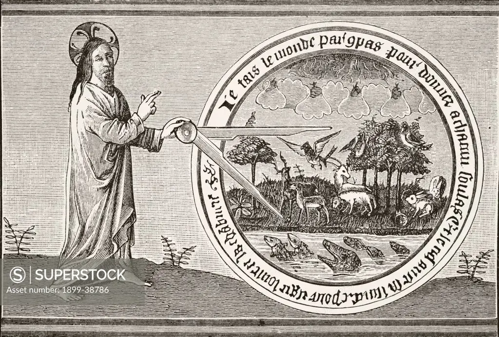 God creating the world by compass from 15th century miniature in Brunetto Latini´s ""Tresor"" From Science and Literature in The Middle Ages by Paul Lacroix published London 1878