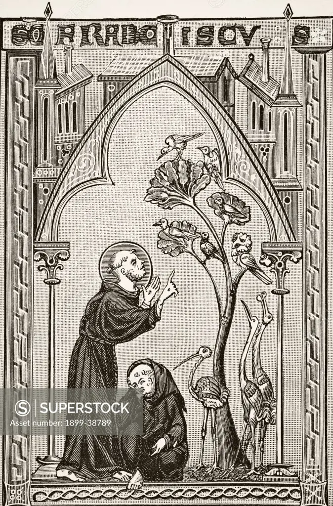 St Francis of Assisi talking to the birds. After miniature from 13th century Psalter. From Science and Literature in The Middle Ages by Paul Lacroix published London 1878