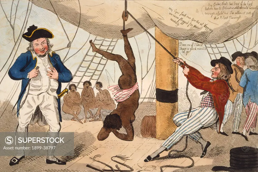 Abolition of the Slave Trade or Inhumanity of Dealers in Human Flesh exemplified in the Cruel Treatment of a Young Negro Girl of 15 for her Virgin Modesty after a 1792 etching by Isaac Cruikshank referring to an incident when Captain John Kimber of the merchant ship Recovery murdered a black girl who refused to dance for him