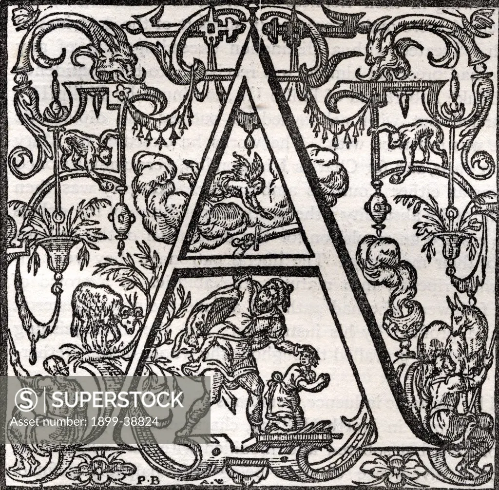 Facsimile of Initial letter A with story of Abraham and Isaac Engraved by Ahasuerus van Londerseel after Peter van der Borcht Brussels circa 1550 From A Catalogue of a Collection of Engravings Etchings and Woodcuts by Richard Fisher published 1879