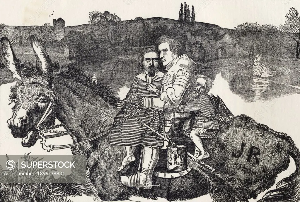 Facsimile of an anonymous engraving satirising the pre-Raphaelite painting Sir Isumbras at the Ford by Sir John Everett Millais printed London 1857 From A Catalogue of a Collection of Engravings Etchings and Woodcuts by Richard Fisher published 1879
