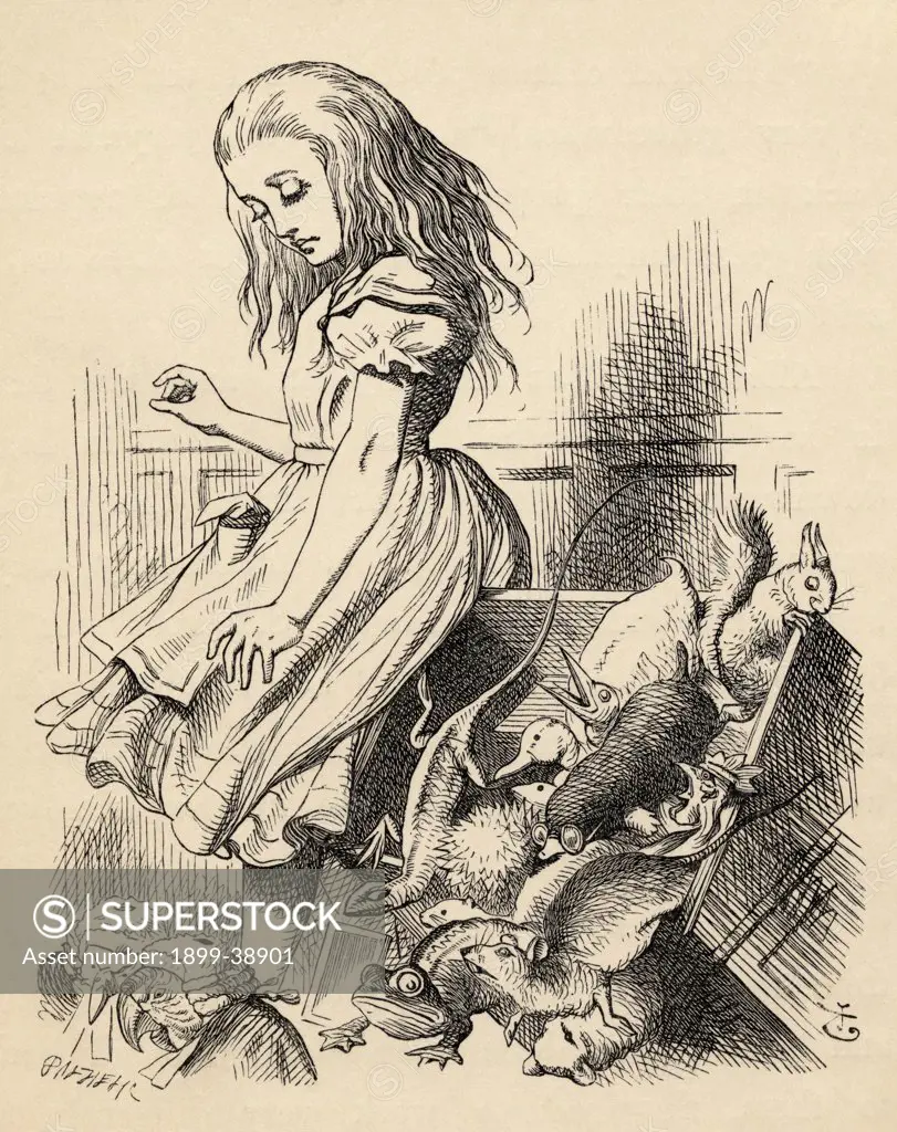 Giant Alice upsets the Jury Box Illustration by John Tenniel from the book Alices's Adventures in Wonderland by Lewis Carroll published 1891