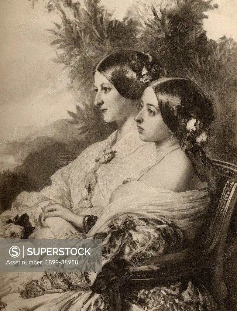 Queen Victoria,1819-1901, and Princess Victoire of Saxe-Coburg and Gotha, Duchess of Nemours, 1822-1857. Engraved by Emery Walker from the picture by F. WinterhalterfFrom the book ""The Letters of Queen Victoria 1844-1853 Vol II""published 1907. 