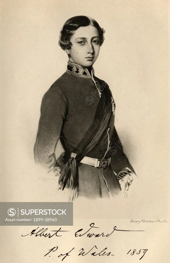 Albert Edward Prince of Wales in 1859. 1841-1910 Prince of Wales, Duke of Saxony, Prince of Saxe Coburg Gotha, future King Edward VII of Great Britain and Ireland,1901-1910.Engraved by Emery Walker after Winterhalter.From the book 'The Letters of Queen Victoria 1854-1861 Vol III ' published 1907.