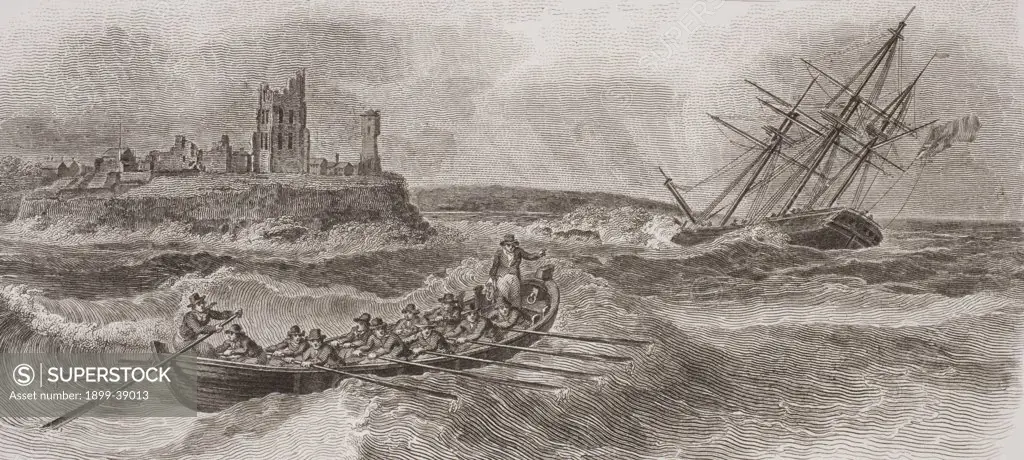 Life boat rowing to rescue of foundering sailing ship. From a print dated 1820 engraved by Milton after W. Anderson.