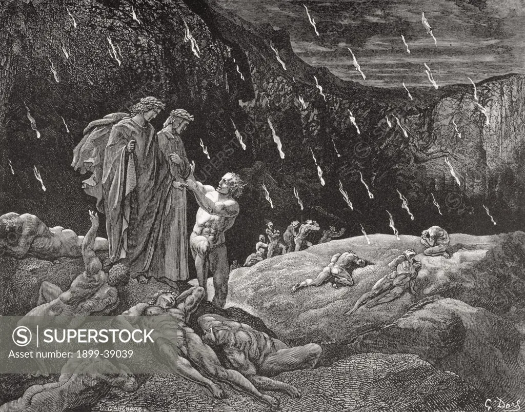 Engraving by Gustave Dore 1832-1883 French artist and illustrator for Inferno by Dante Alighieri Canto XV lines 28 and 29