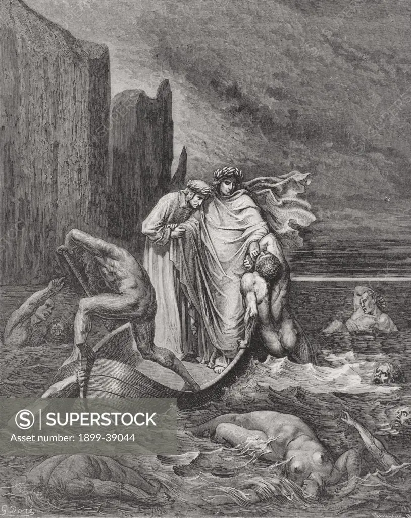 Engraving by Gustave Dore 1832-1883 French artist and illustrator for Inferno by Dante Alighieri Canto VIII lines 39 tp 41