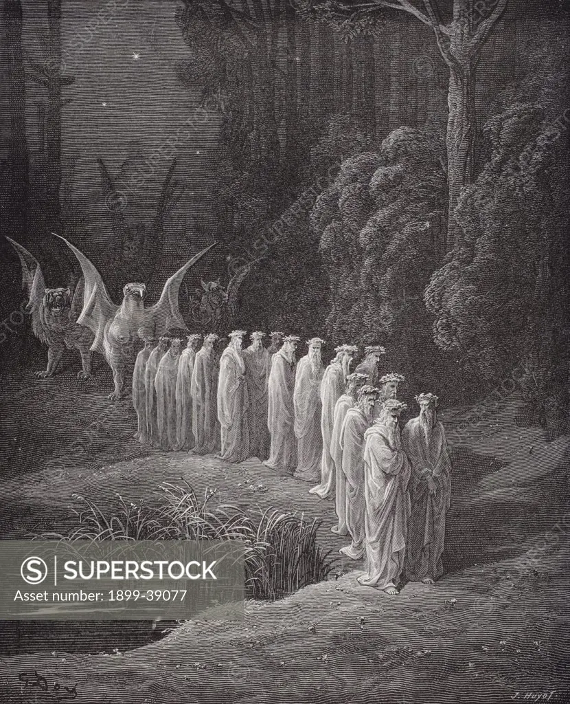 Illustration for Purgatorio by Dante Alighieri Canto XXIX lines 80 to 82 by Gustave Dore 1832-1883 French artist and illustrator