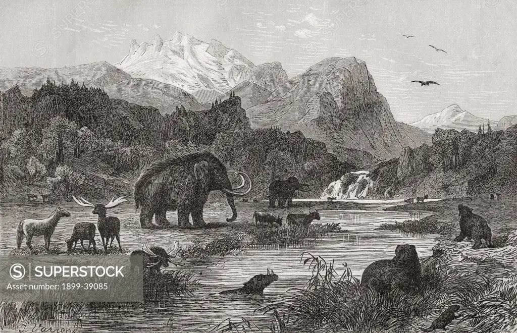 Pliocene landscape. Print from the 1870's.