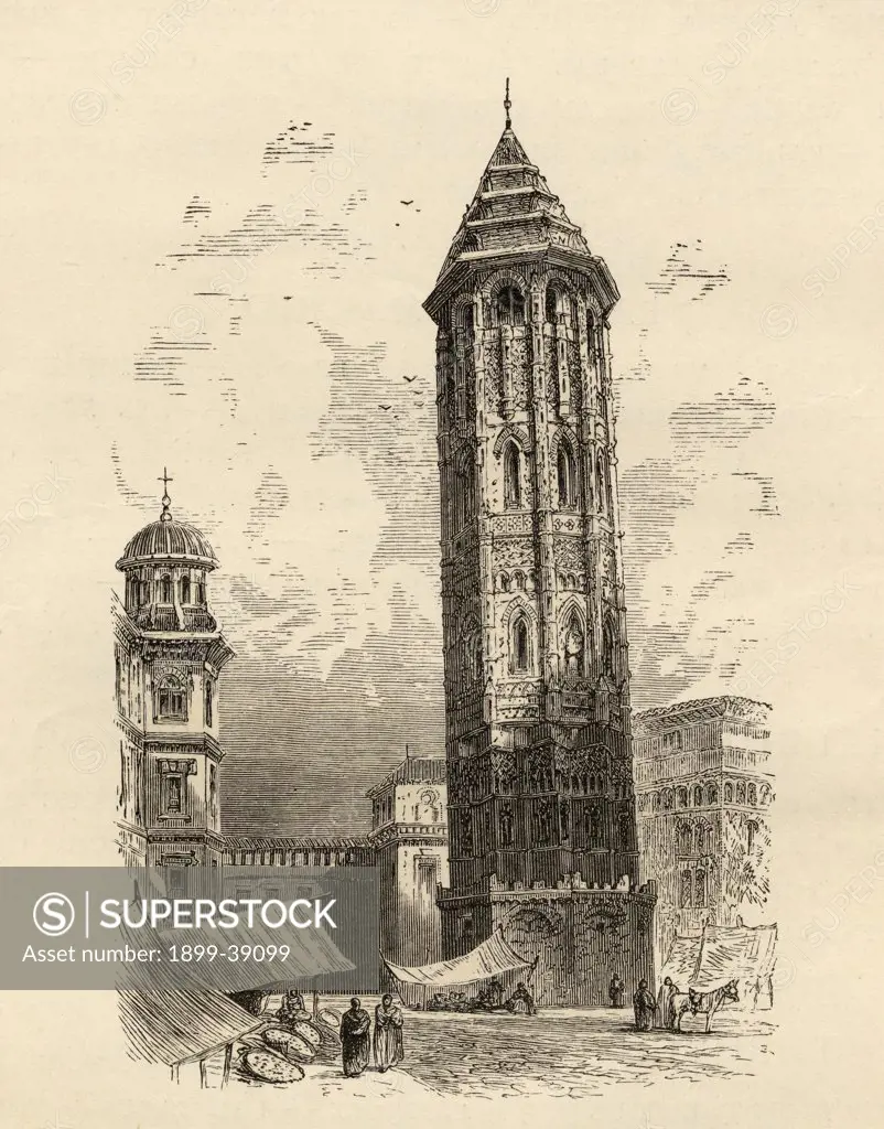 Leaning Tower Saragossa, Spain.From the book ""Spanish Pictures"" by the Rev Samuel Manning, published 1870.
