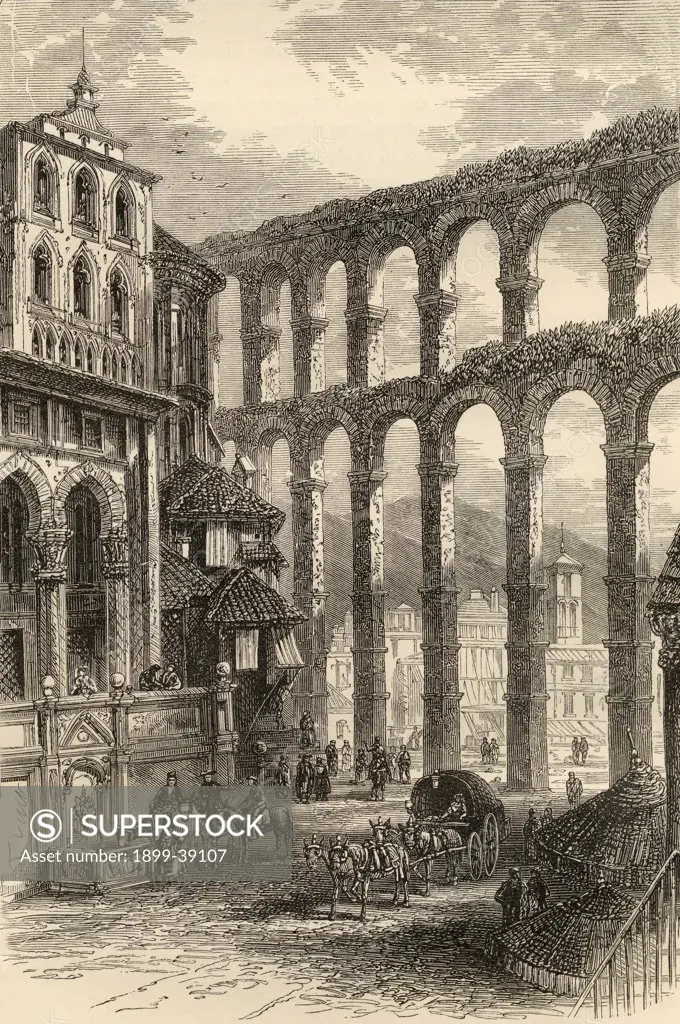 Aqueduct at Segovia, Spain. From the book ""Spanish Pictures"" by the Rev Samuel Manning, published 1870.