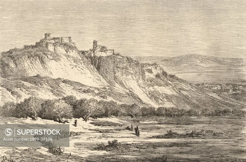 Arcos de la Frontera, Cadiz, Spain. Drawn by Gustave Dore. From the book ""Spanish Pictures"" by the Rev Samuel Manning, published 1870.