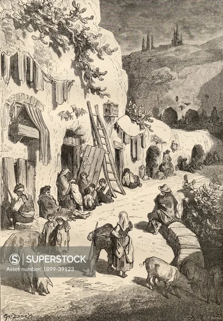 Gypsy caves, Sacro Monte, Granada, Spain. Drawn by Gustave Dore. From the book ""Spanish Pictures"" by the Rev Samuel Manning, published 1870.