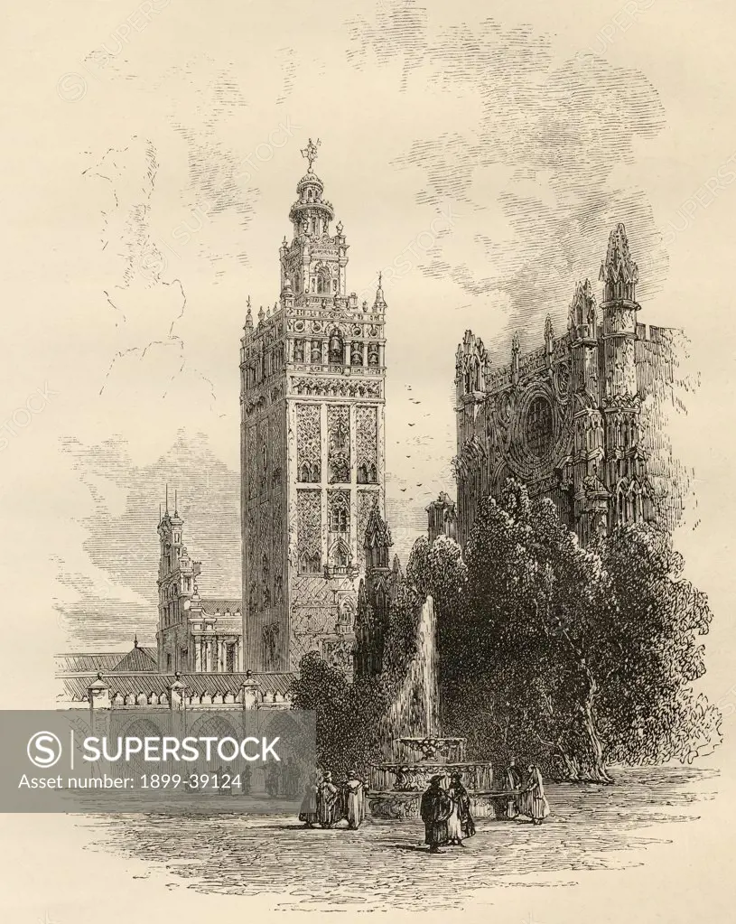 The Giralda, Seville, Spain. From the book ""Spanish Pictures"" by the Rev Samuel Manning, published 1870.