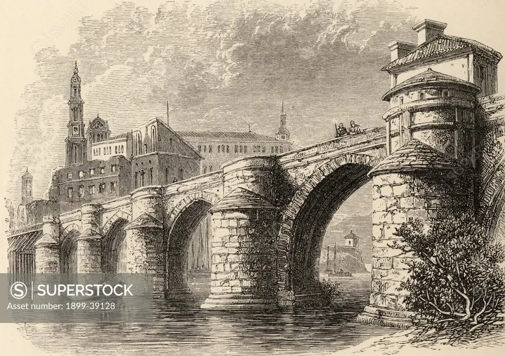 Bridge at Saragossa Spain From the book Spanish Pictures by the Rev Samuel Manning published 1870