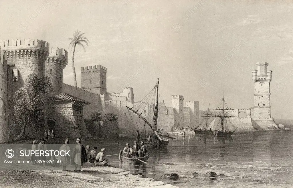 Harbour of Rhodes, Greece. Engraved by J.C.Armytage after W.H.Bartlett.