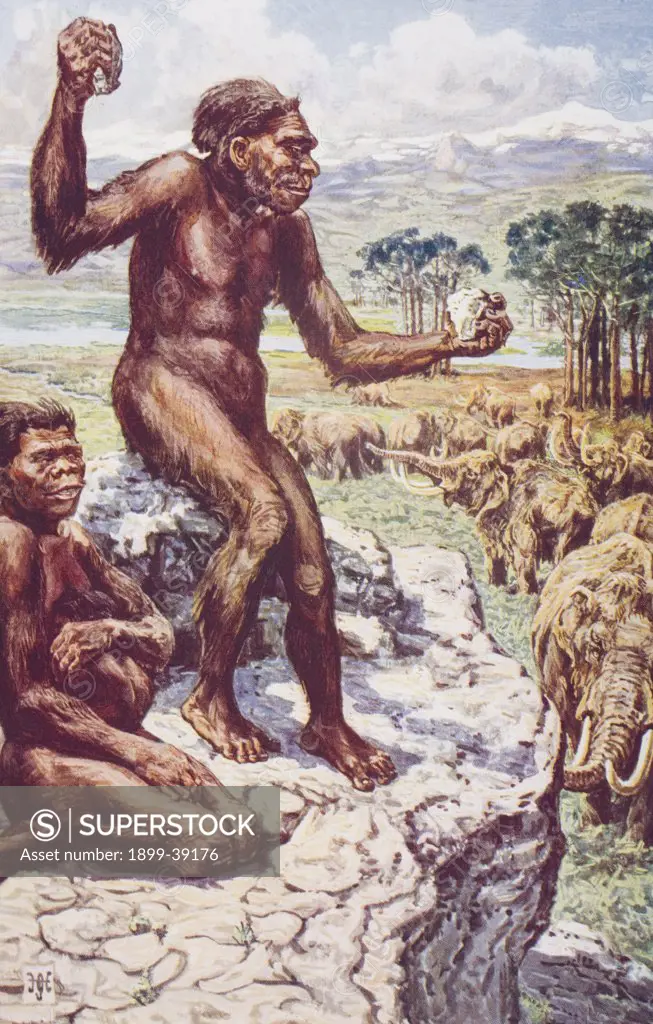 Neanderthal Mankind by H.H.Johnston. From the book The Outline of History Volume 1 by H.G.Wells, published 1920.