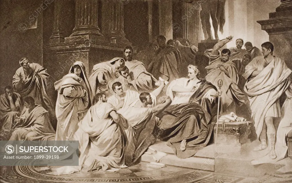 The murder of Caesar. From the picture by Carl T. Von Pilotz from the book The Outline of History by H.G.Wells Volume 1, published 1920.