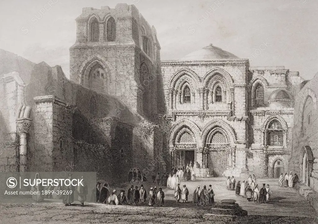 Church of the Holy Sepulchre, Jerusalem. Original tomb of Godfrey of Bouillon. Engraved by E. Challis after W.H.Bartlett.