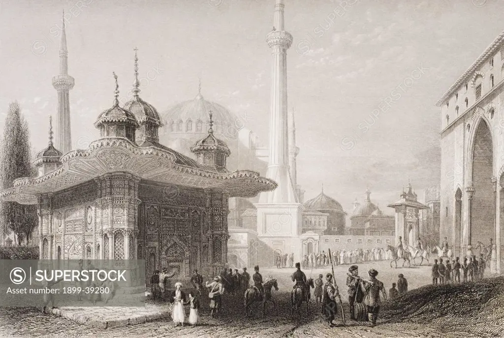 Fountain and square of St. Sophia, Istambul, Turkey. Engraved by T. Higham after W. H. Bartlett.