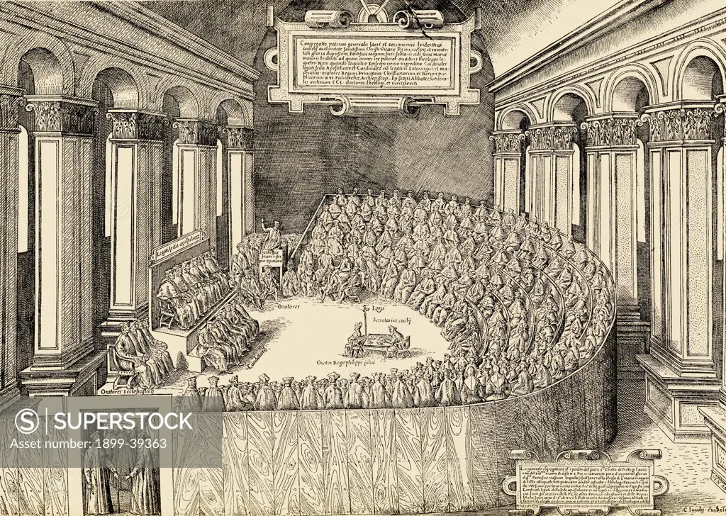 The Council of Trent, 1563. The nineteenth ecumenical council opened at Trent on 13 December, 1545, and closed there on 4 December, 1563. Its main object was the definitive determination of the doctrines of the Church in answer to the heresies of the Protestants. From an etching published in Venice 1565.