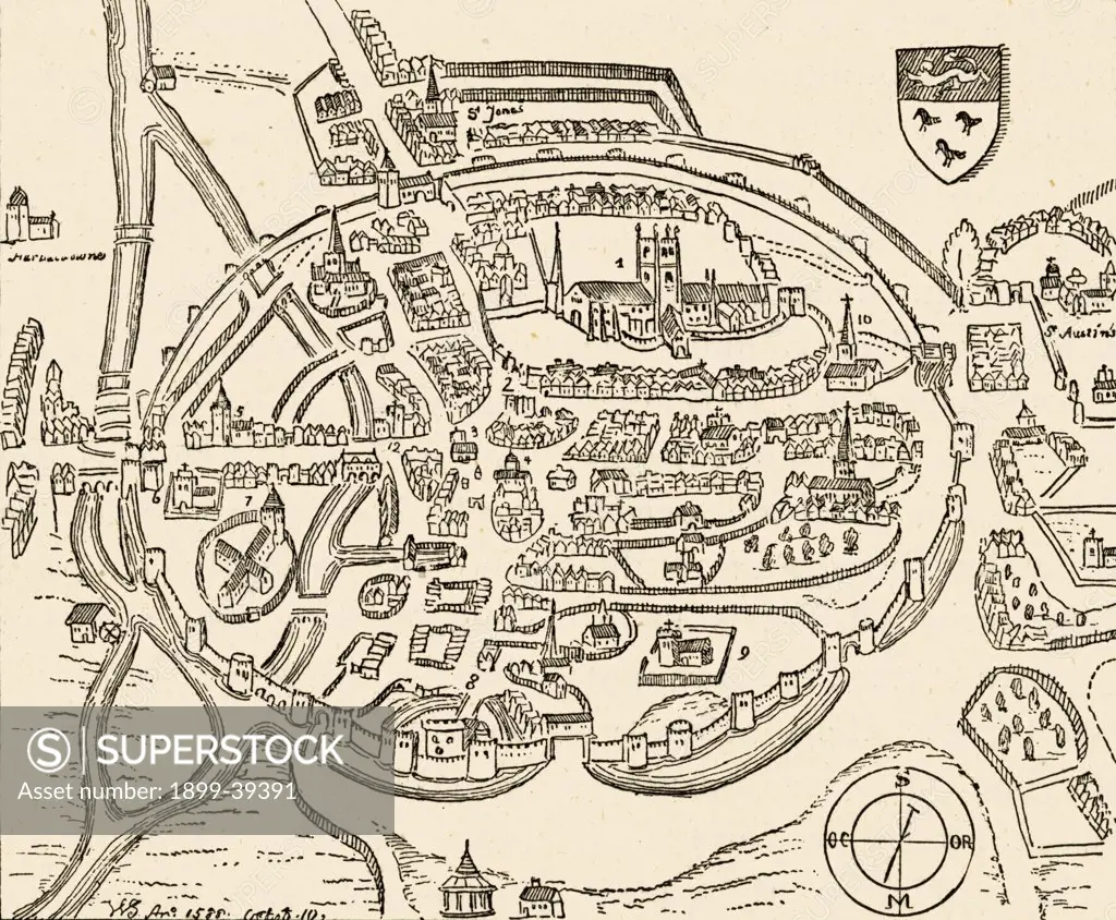 Panoramic view of Canterbury Engalnd in the sixteenth century.