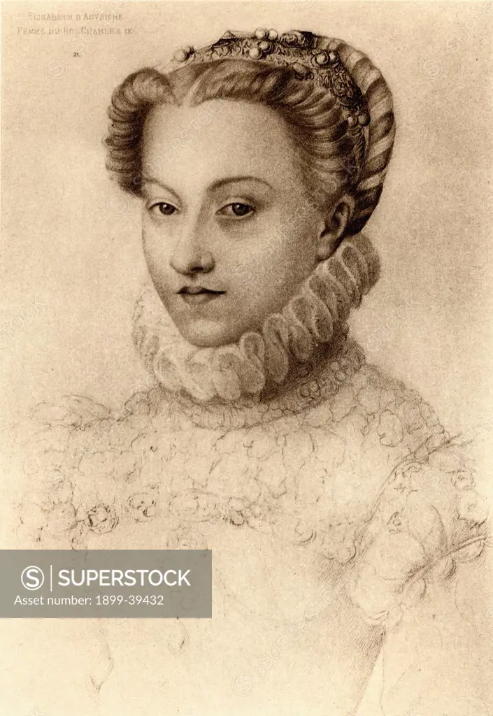 Elisabeth of Austria, Queen of France (1554-1592), daughter of Emperor Maximilian II and Mary of Austria, who married Charles IX of France in 1570. From an engraving after a drawing attritbuted to Janet