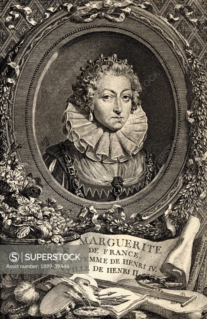 Queen Margot, Margeurite de Valois, 1553-1615. 1st wife of Henry IV, daughter of Henry II of France and Catherine de Medicis. From an engraving by Merger after the painting by Vincent.