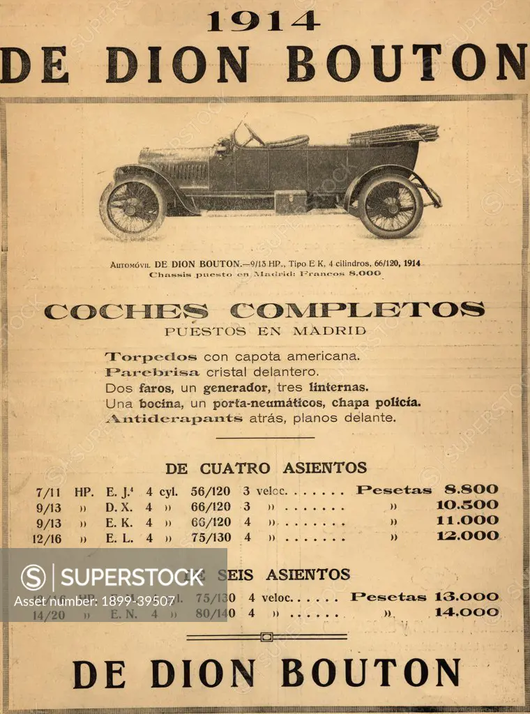 Spanish advertisement for 1914 ""De Dion Bouton"" car