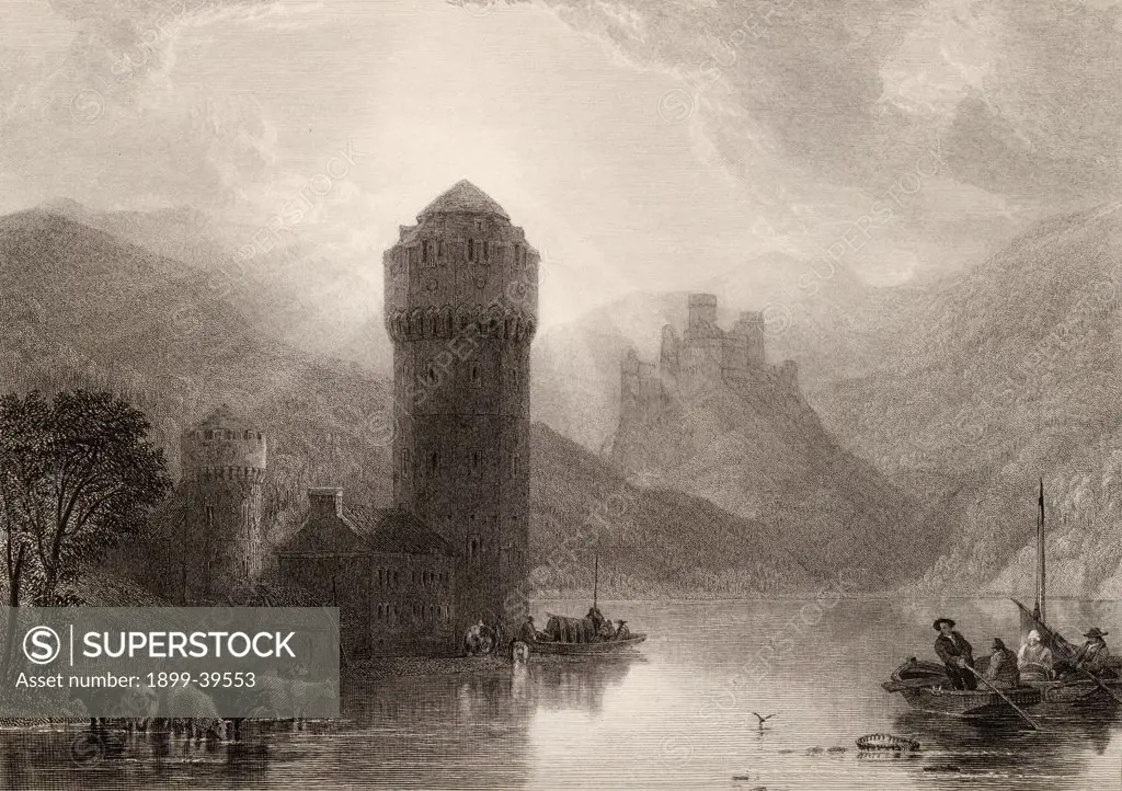 Tower of Niederlahnstein, Germany. Engraved by E. Goodall from a 19th century print by D. Roberts.