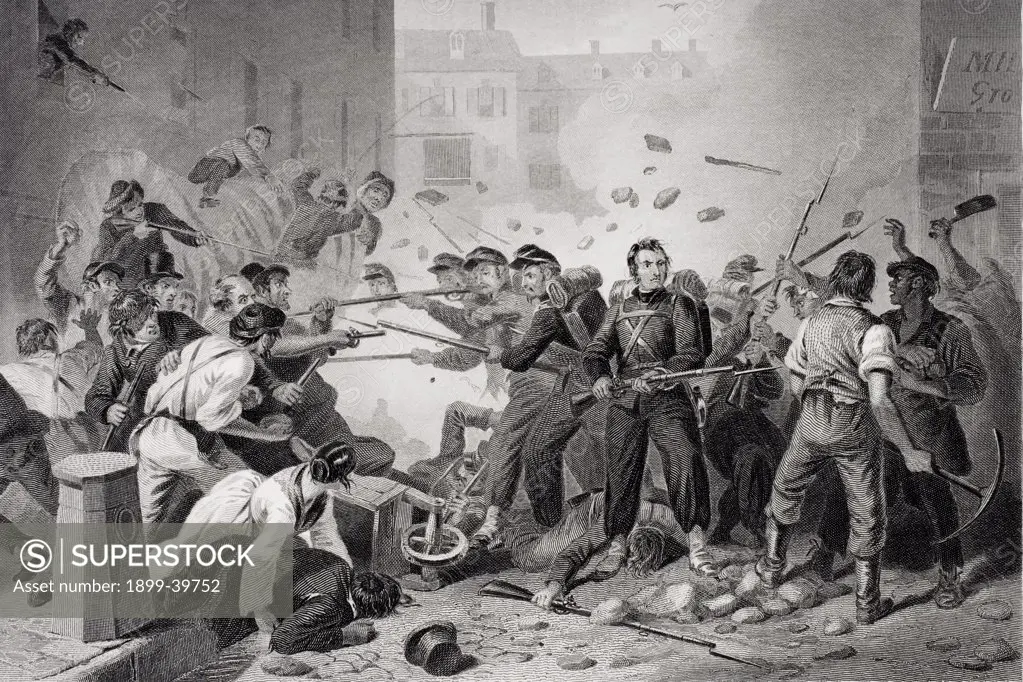 Massachusetts militia passing through Baltimore Pennsylvania 1861. Artist F.O.C. Darley