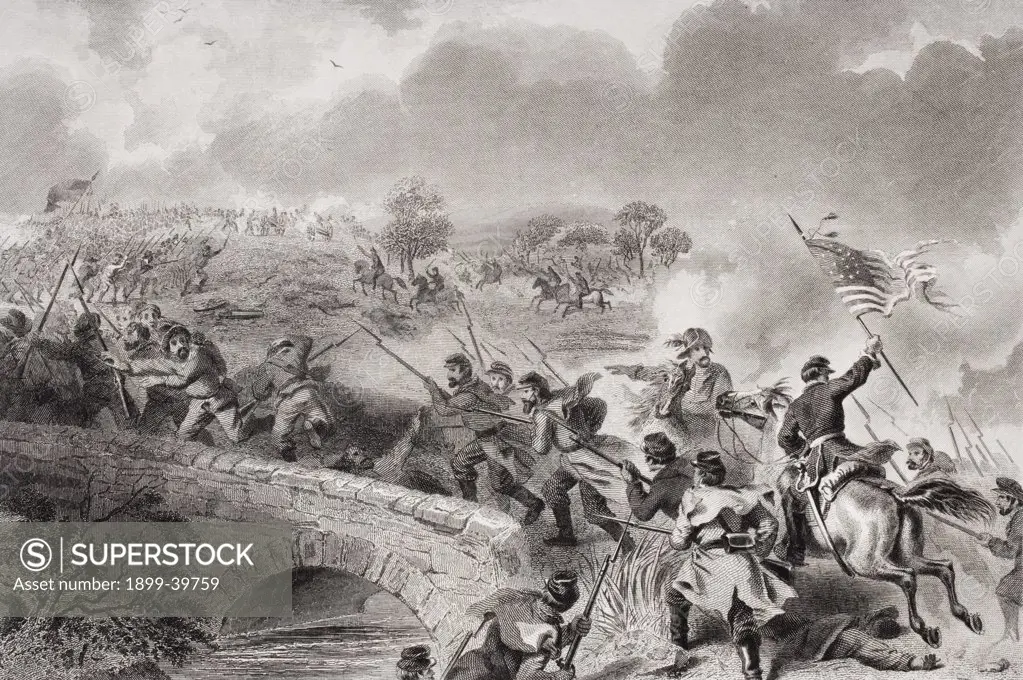 Battle of Antietam near Sharpsburg Maryland 1862. Taking of the Bridge on Antietam Creek. Artist F.O.C. Darley