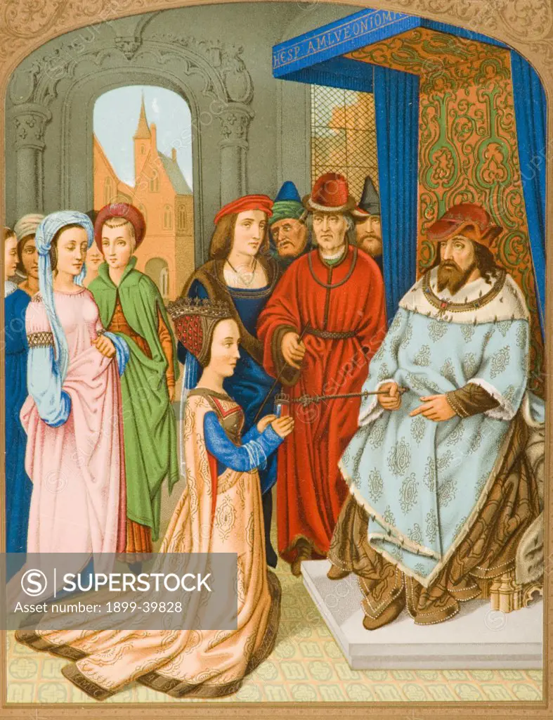 The Queen of Sheba before Solomon. 15th century costume. Facsimile of miniature from Breviary of Cardinal Grimaldi attributed to Memling in Library of San Marco Venice