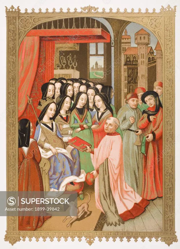 The court of Mary of Anjou 1404 to 1463 wife of Charles VII. Her chaplain Robert Blondel presents her with the allegorical treatise of the Twelve Perils of Hell which he composed for her in 1455. Facsimile of minature from Twelve Perils of Hell