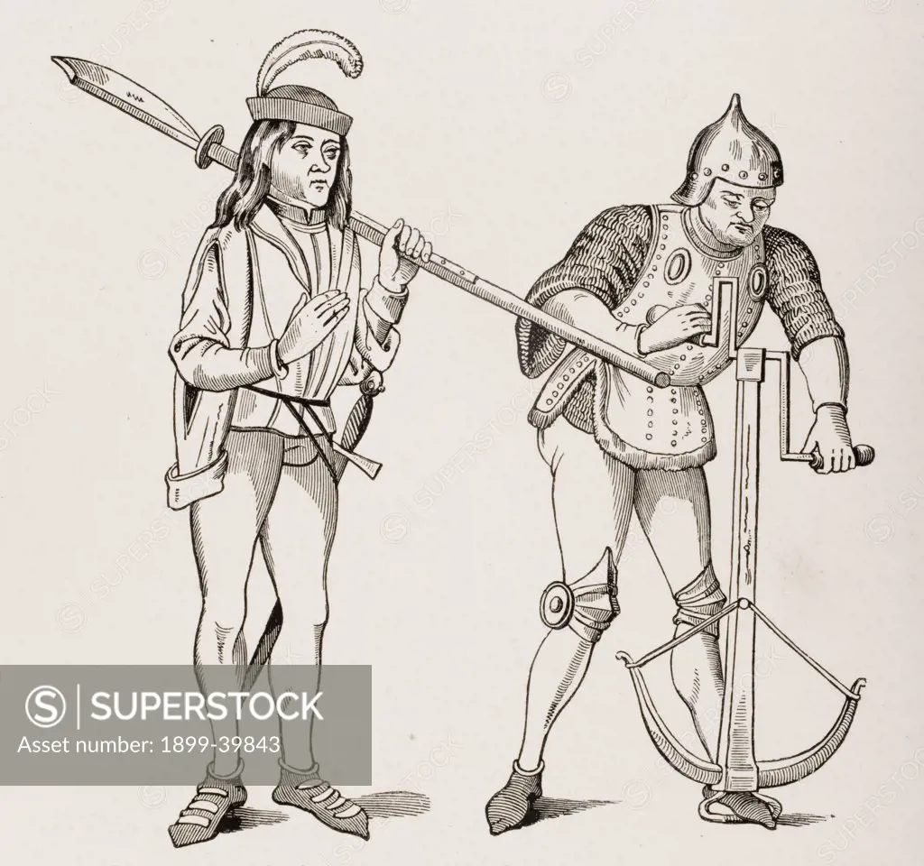 Varlet or Squire carrying thick bladed Halberd and Archer in fighting dress drawing crossbow string with double handled winch. From 15th century miniatures
