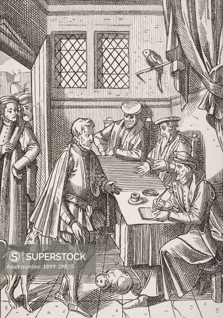 Bailliage or Tribunal of the King´s Bailiff. Facsimile of wood engraving in Praxis Rerum Civilium by Josse Damhoudere, Antwerp 1557