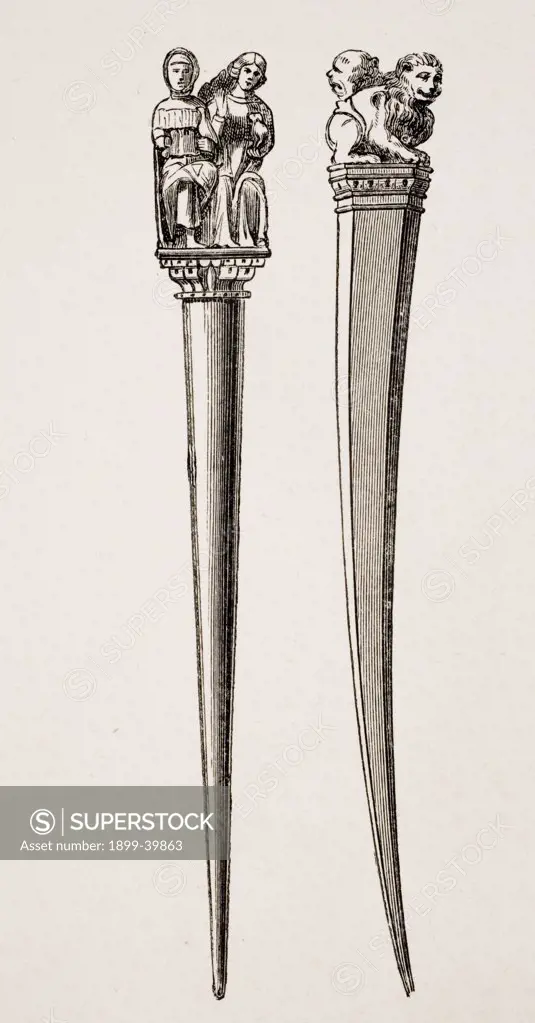 Styli used for writing in the 14th century. From a 19th century print.