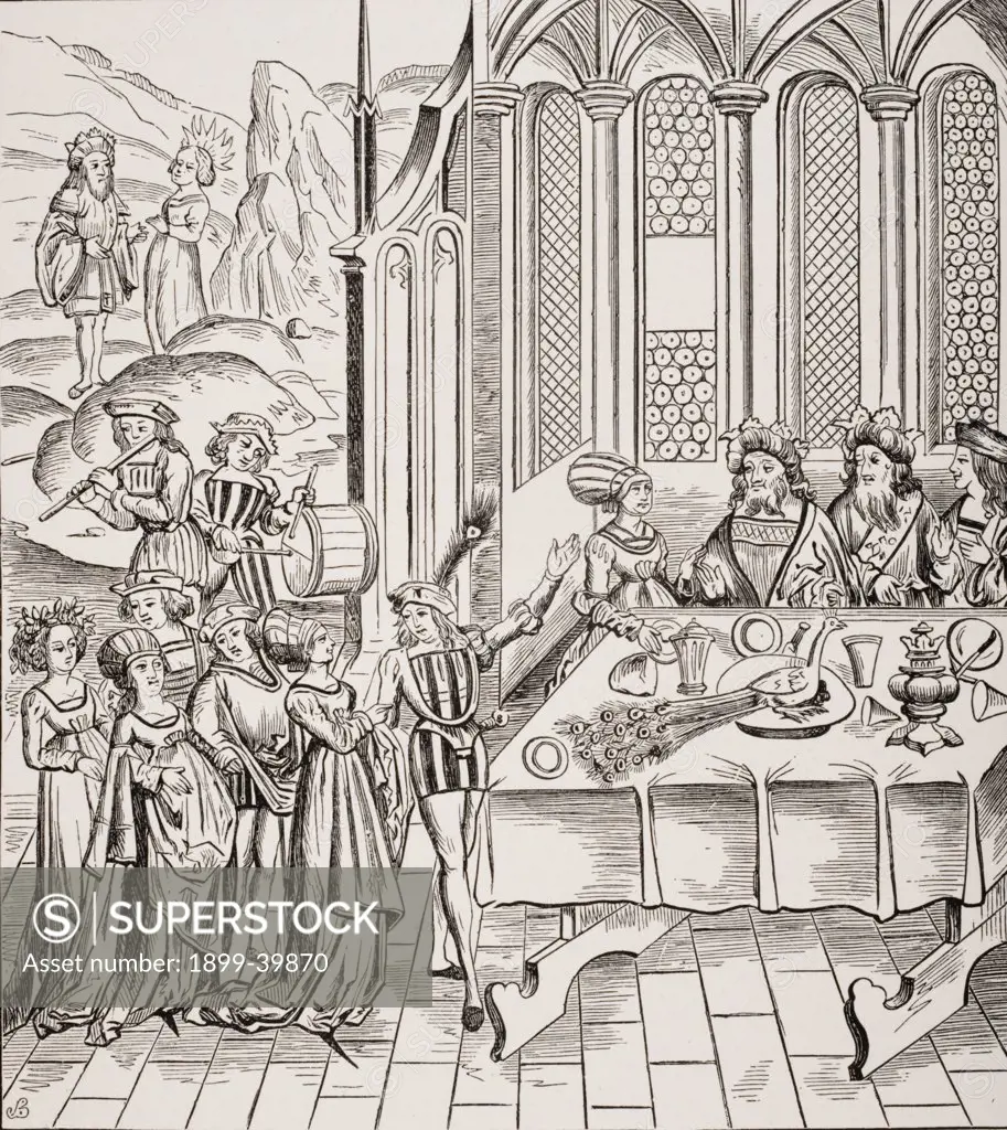 Serving the Peacock at a State Banquet. 19th century copy of woodcut in edition of Virgil published in Lyon 1517