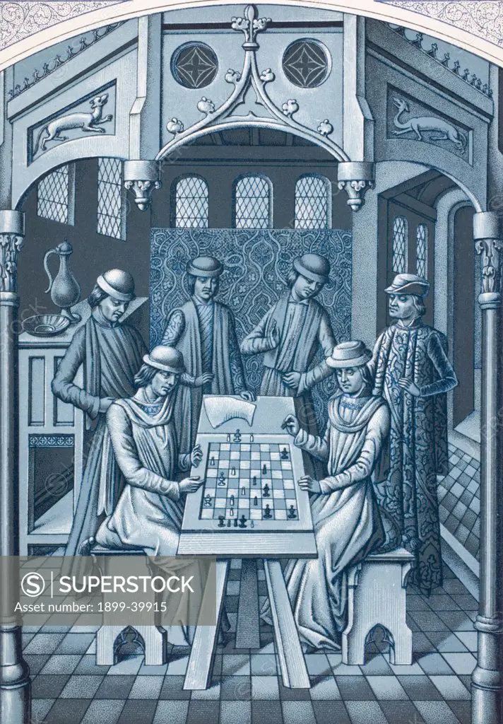 The Chess Players. 19th century reproduction of miniature in 15th century manuscript The Three Ages of Man attributed to Estienne Porchier. The scene in in a salon of the Plessis-les-Tours castle the residence of Louis XI. In the player on the right the features of the king are recognizable