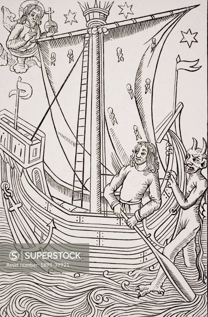Merchant vessel in a storm. Facsimile of woodcut in Grand Kalendrier et Compost des Bergers by Nicolas de Rouge printed circa 1490
