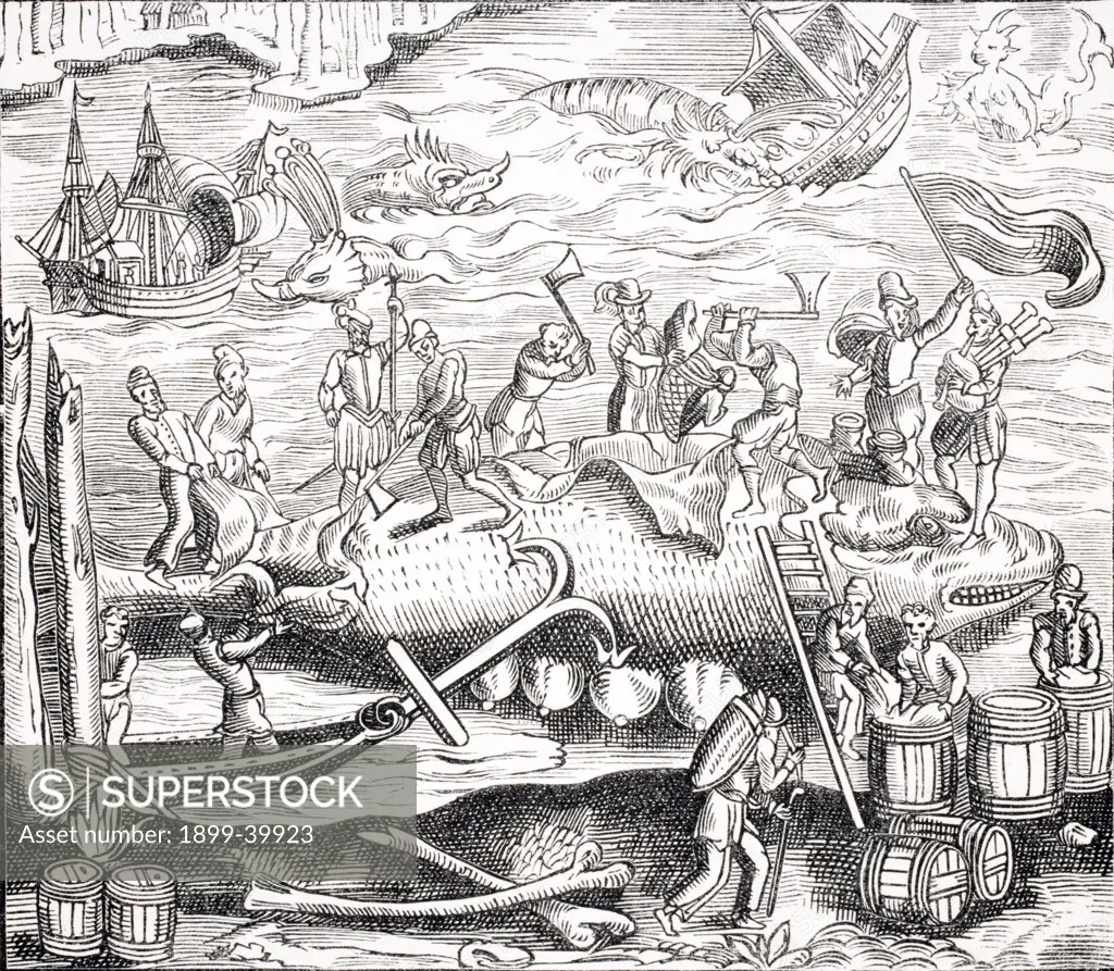 Whale Fishing. After woodcut in Cosmographie Universelle of Thevet published 1574