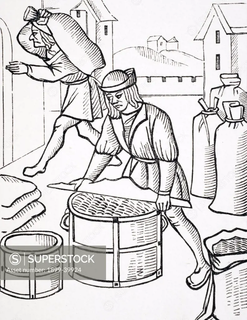Measurers of Corn in Paris. After woodcut from Royal Orders Concerning the Jurisdiction of the Company of Merchants and Shrievalty in the City of Paris published 1528