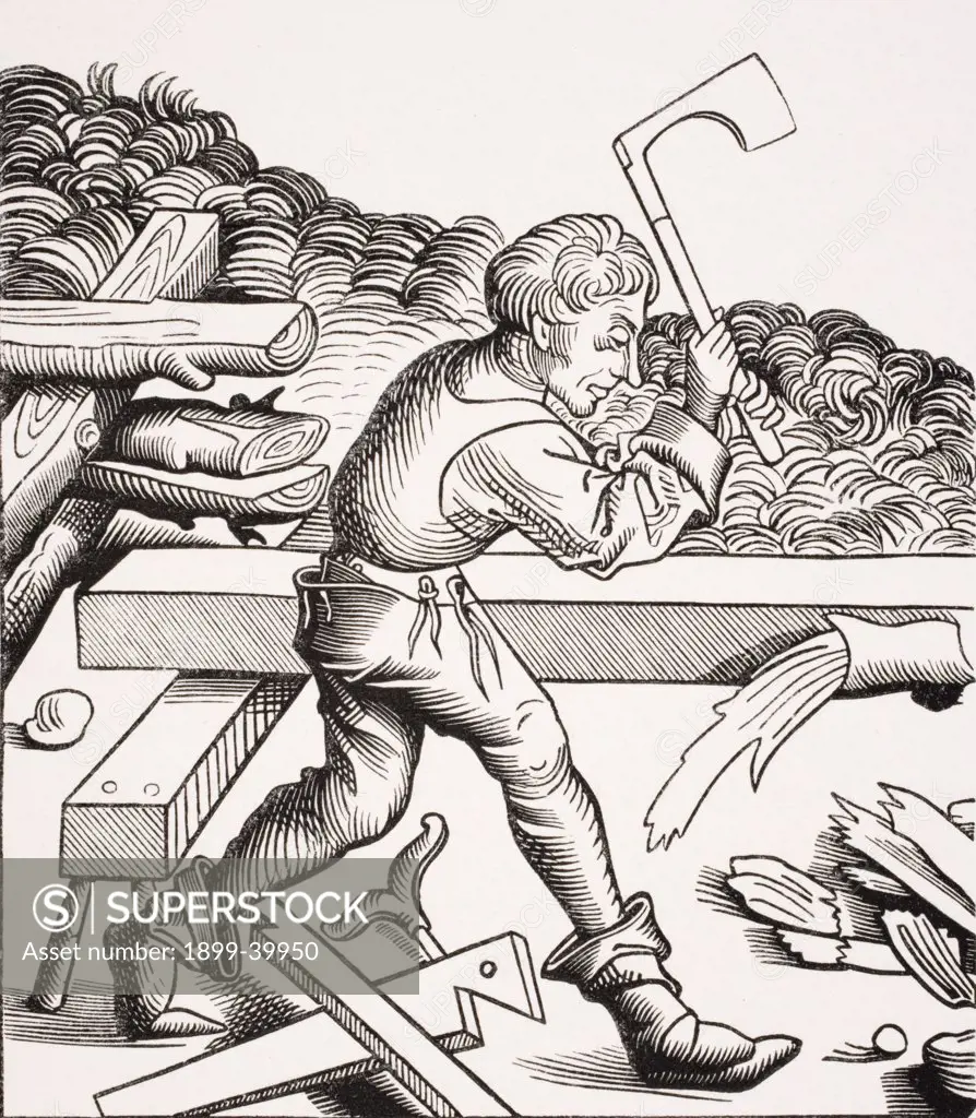 Companion Carpenter. 19th century reproduction of 15th century woodcut from Chronique de Nuremberg