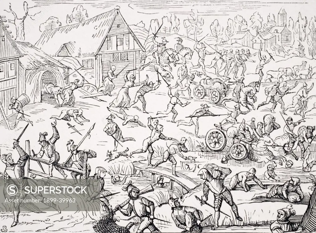 A village pillaged by soldiers. Copy of woodcut in Hamelmann´s Oldenburgisches Chronicon published 1599