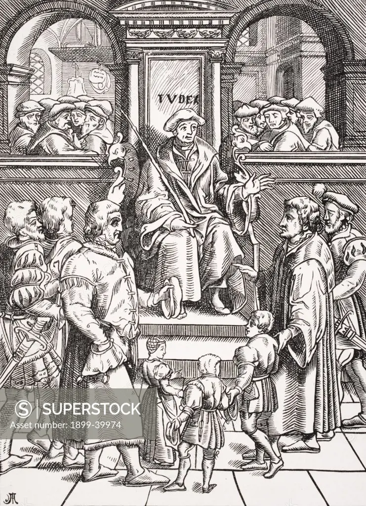 Inferior Court in the Great Bailiwick. Adoption of orphan children. Copy of woodcut in J. Damhoudere´s Refuge et Garand des Pupilles Orphelins published 1557
