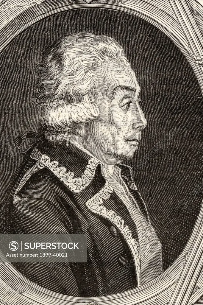 Count Nicolas, also spelled Nikolaus, Luckner, 1722-1794. German in French army service who rose to Marshal of France. Engraved by Pannemaker-Ligny after Lienard, from ""Histoire de la Revolution Francaise"" by Louis Blanc. 