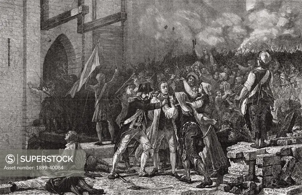 The taking of the Bastille, 14th July 1789.Engraved by Pannemaker-Ligny after De La Charlerie. From ""Histoire de la Revolution Francaise"" by Louis Blanc.