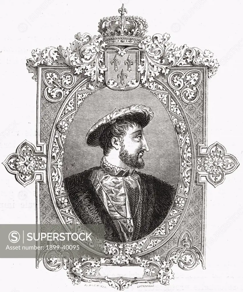 Francis (Francois) I aka FrancisD'Angouleme 1494- 1547, king of France (1515-47), the first of five monarchs of the Angouleme branch of the House of Valois.Engraved by Pannemaker-Ligny after H Catenaggi. From ""Histoire de la Revolution Francaise"" by Louis Blanc.