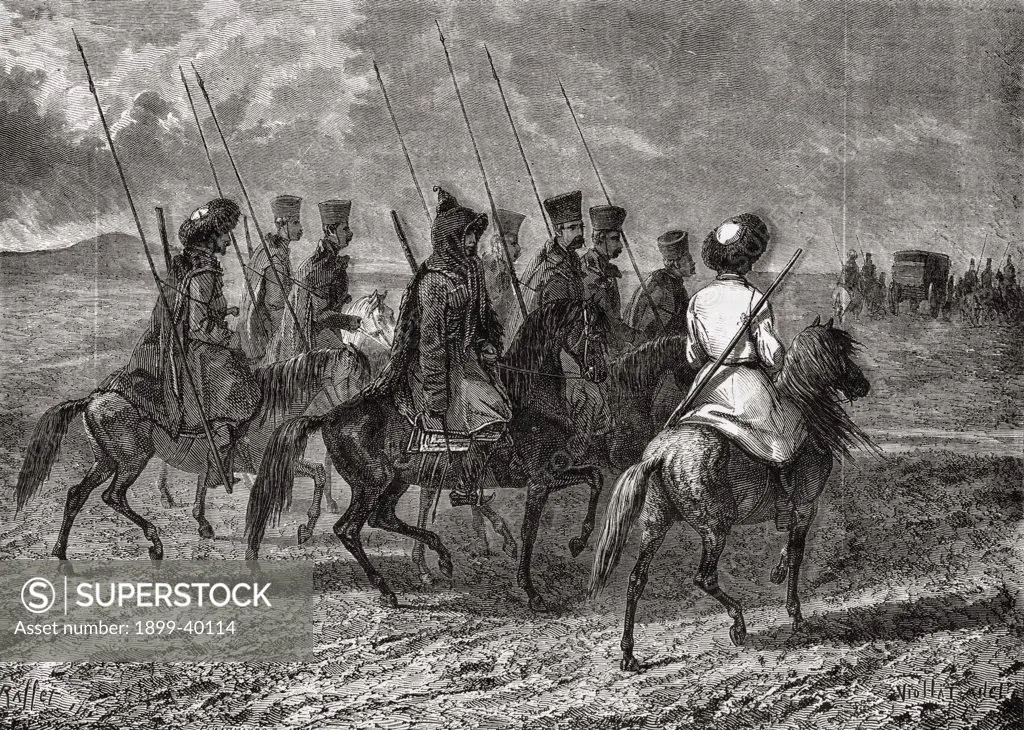 Cossack escort.Engraved by Pannemaker after Viollat. From ""Histoire de la Revolution Francaise"" by Louis Blanc.