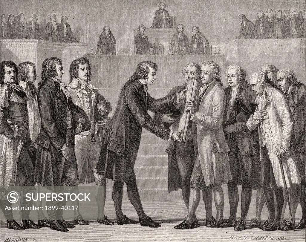 Swearing on the book of the constitution. 14 September 1791.Louis XVI 1754-1793. King of France 1774-1792. Engraved by Blanpain after De La Charlerie. From ""Histoire de la Revolution Francaise"" by Louis Blanc.